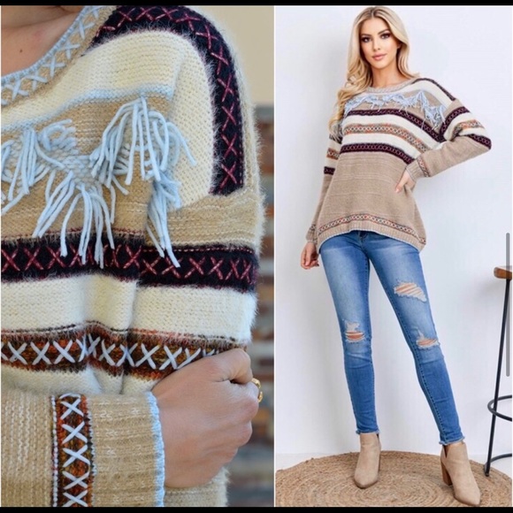 NWT! Clearance 🍒Tribal Style Tassel Trim Fringe Border SOFT Warm Cozy Sweater - Picture 7 of 11
